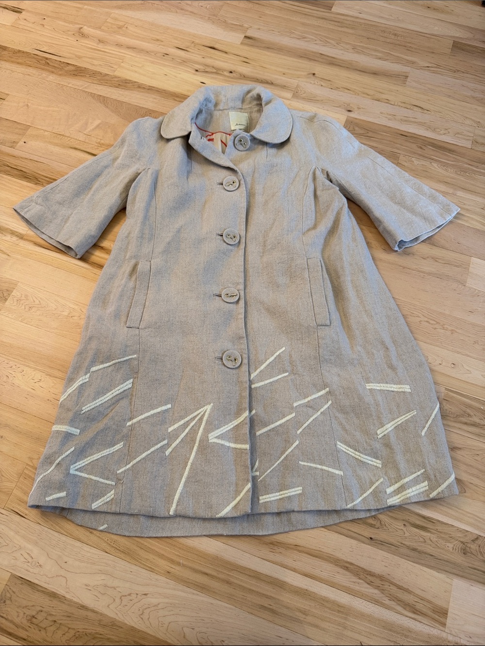ELEVENSES sz 4 Jackie O Linen Coat Neutral Embroidered ANTHROPOLOGIE-Classic